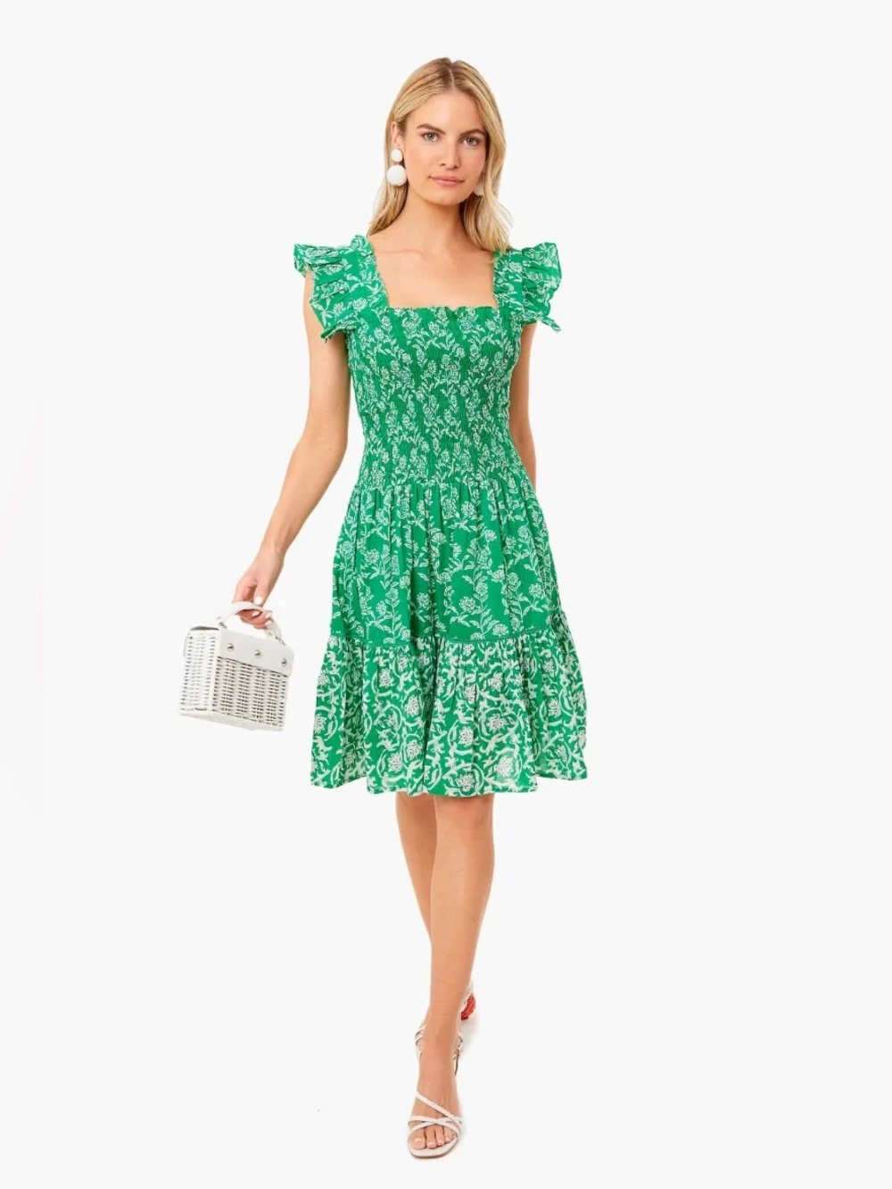 NWOT Ro’s Garden Elena Dress Frankie Green Smocked Floral Cotton Midi Dress L